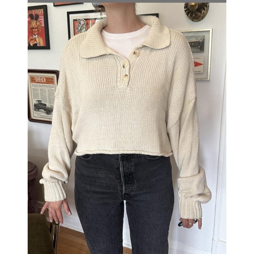 Industry Cropped Knit Sweater Sz XS Oversized‎ Oatmeal 1/4 Button Neutral